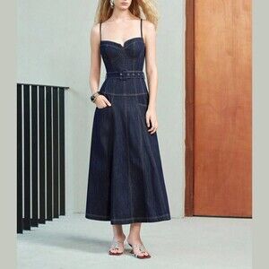 Indigo Denim Sweetheart Bustier Maxi Dress with Belted Waist
